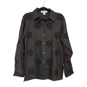 Vintage Embroidered Button Down Blouse Black Dark Floral Womens Small 100% Ramie